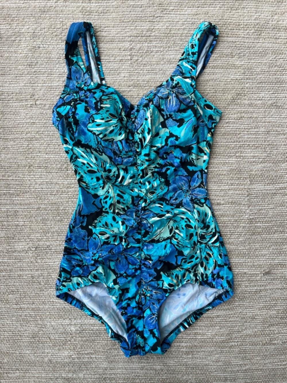 Azul Vintage One Piece Blue  Black Floral Ruched Front size 6